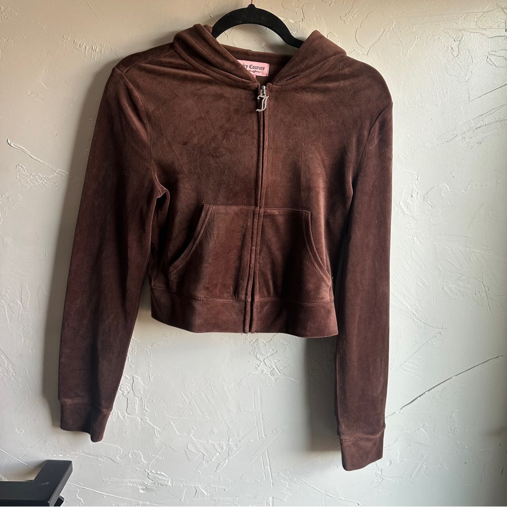 Juicy Couture Brown Velour Hoodie Rhinestone Y2K Cropped Full Zip‎ Sz S - Picture 3 of 11